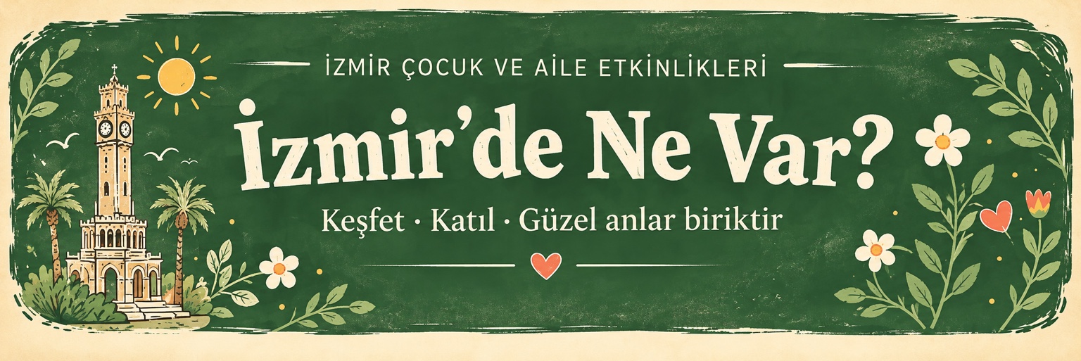 İzmir Çocuk ve Aile Etkinlikleri — İzmir’de Ne Var? Keşfet, Katıl, Güzel anlar biriktir. İzmir Saat Kulesi ve vintage çiçek çizimleri.